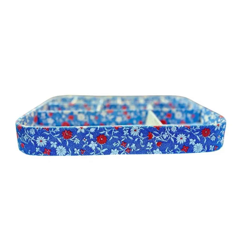Vintage Floral Fabric Jewelry Organizer Tray Blue Red Vanity Storage Display Box